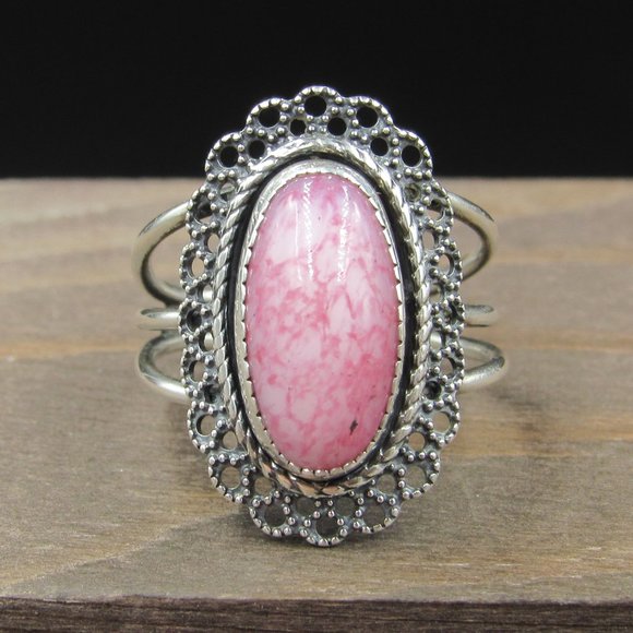 Jewelry - Size 5.75 Sterling Silver Ornate Pink White Stone Adjustable Band Ring Vintage